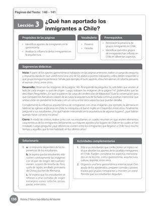 136 Historia 2º básico Guía didáctica del docente
Páginas del Texto: 140 – 141
Lección 3 ¿Qué han aportado los
inmigrantes a Chile?
Inicio: A partir de los aportes gastronómicos trabajados en las páginas anteriores, realice un juego de pregunta
y respuesta rápida en que usted menciona uno de los platos o postres trabajados y ellos deben responder a
qué grupo inmigrante pertenece. Señale, por ejemplo, el sushi japonés, el kuchen alemán, el cebiche peruano,
el wantán chino, entre otros.
Desarrollo: Observen las imágenes de la página 140. Al responder la pregunta 1b, solicíteles que anoten al
lado de cada imagen su país de origen. Luego, trabajen las imágenes de la página 141, pidiéndoles que las
describan. Pregúnteles: ¿En qué se parecen las casas de Londres a las de Valparaíso? Guíe la conversación para
que comparen los llamativos colores de las casas, la arquitectura de fachada continua; podrían mencionar que
ambos están en pendiente inclinada o en un cerro, entre otros aspectos que puedan detallar.
Complemente la influencia arquitectónica de inmigrantes con otras imágenes, por ejemplo, la alemana en
Valdivia; las iglesias anglicanas en Chile; la mezquita y el barrio inglés en Coquimbo; entre otros. Finalmente,
pregunte a sus estudiantes: ¿Por qué habrán intervenido en la arquitectura de algunos lugares?, ¿qué habrán
querido hacer con esta iniciativa?
Cierre: A modo de síntesis, realice junto con sus estudiantes un cuadro resumen en que anoten elementos
característicos de los inmigrantes del presente, sus mayores aportes y los lugares de Chile en los cuales se han
instalado. Luego, pregunte ¿qué diferencias existen entre los inmigrantes que llegaron a Chile hace mucho
tiempo y aquellos que lo han habitado en los últimos años?
Sugerencias didácticas
•	 Identificar aportes de inmigrantes en la
gastronomía.
•	 Analizar la influencia de los inmigrantes en
la arquitectura.
•	 Provenir.
•	 Heredar.
•	 Reconocer la presencia de
grupos inmigrantes en Chile.
•	 Identificar que estos grupos
de inmigrantes han influido en
Chile en diferentes aspectos.
Propósitos de las páginas Vocabulario Prerrequisitos
1.	 Pida a sus estudiantes que confeccionen un tríptico en
el que aborden los aportes de los pueblos inmigrantes
en Chile. Pueden considerar los aspectos menciona-
dos en la lección, como gastronomía, arquitectura,
cultura, deporte, entre otros.
2.	 Organice una feria gastronómica internacional. Con
ayuda de los apoderados, preparen comidas y postres
traídos por grupos inmigrantes y monten un stand.
Permita que sus estudiantes degusten.
1.	 a. La respuesta dependerá de las ex-
periencias de los estudiantes.
b. Se espera que los estudiantes rela-
cionen correctamente las imágenes
con el país de origen del cual pro-
vienen: suspiro de limeña de Perú,
sushi de Japón, arrollado primavera
de China y kuchen de Alemania.
c. Se espera que los estudiantes se
refieran a otras comidas de origen
extranjero como: cebiche, pizzas,
pastas, entre otros.
Solucionario Actividades complementarias
 