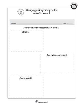 3
Pre
guntas pa
raapren
der
Mat
erialfotocopi
able
Lección 4 - unidad 3
Tres preguntas para aprender
Nombre: Curso: 2º
¿Por qué hay que respetar a los demás?
¿Qué sé?
¿Qué quiero aprender?
¿Qué aprendí?
 