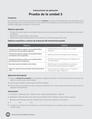 152 Historia 2º básico Guía didáctica del docente
Propósitos
Este material es un instrumento de evaluación de tipo sumativa que tiene como finalidad evaluar los aprendizajes que el
estudiante adquirió en la unidad. Para tener una visión general de los resultados de sus estudiantes, utilice el instrumento de
evaluación disponible en la página 155 de esta Guía.
Objetivos generales
•	 Distinguir los diversos aportes a la sociedad chilena provenientes de los pueblos originarios, españoles y las colonias de
inmigrantes.
•	 Reconocer la sociedad chilena como mestiza.
•	 Valorar la diversidad cultural presente en Chile, teniendo una actitud de respeto frente a ella.
Objetivos específicos y criterios de evaluación del material fotocopiable
Aplicación del material
1º	 Reparta la Prueba de la unidad 3 a sus estudiantes y pídales que escriban su nombre y la letra del curso. Permita que
observen en qué consisten las actividades.
2º	 Lea la prueba completa y explique cada una de las actividades.
3º	 Lleven a cabo las actividades en orden. Lea cada actividad de nuevo y deje tiempo suficiente para que los niños las
respondan individualmente.
Solucionario
1.	 Diccionario – español; poncho – mapuche; sushi – japonés; equipo Palestino – palestino.
2.	 a Mestizaje: mezcla de cultura de las herencias que recibimos de los españoles y de los pueblos originarios.
b. Colonia de inmigrantes: grupo de inmigrantes de un mismo país, residentes en otro distinto.
3.	 A	 	 4. C	 	 5. A
6.	 Se espera que se refieran a los inmigrantes con el mismo respeto que con cualquier persona. Acogerlos para que no
extrañen su país.
Objetivos Criterios
Distinguir los diversos aportes a la sociedad chilena
provenientes de los pueblos originarios.
•	 Identifica elementos heredados de los pueblos
originarios.
Distinguir los diversos aportes a la sociedad chilena
provenientes de los españoles.
•	 Identifica elementos heredados de los españoles.
Distinguir los diversos aportes a la sociedad chilena
provenientes de los inmigrantes.
•	 Identificar los aportes de grupos de inmigrantes a la
sociedad chilena.
Reconocer nuestra sociedad como mestiza. •	 Identifica que la sociedad chilena es mestiza por
mantener elementos españoles e indígenas.
Valorar los aportes de la diversidad cultural presente en
Chile.
•	 Indica maneras de respetar a otros, sin importar su
color, país de origen, religión, etc.
Instrucciones de aplicación
Prueba de la unidad 3
 