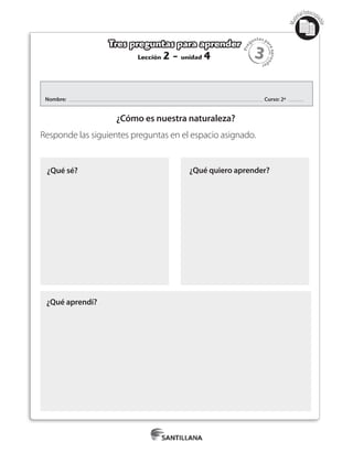 3
Pre
guntas pa
raapren
der
Mat
erialfotocopi
able
Nombre: Curso: 2º
¿Qué sé? ¿Qué quiero aprender?
¿Qué aprendí?
Lección 2 - unidad 4
Tres preguntas para aprender
¿Cómo es nuestra naturaleza?
Responde las siguientes preguntas en el espacio asignado.
 