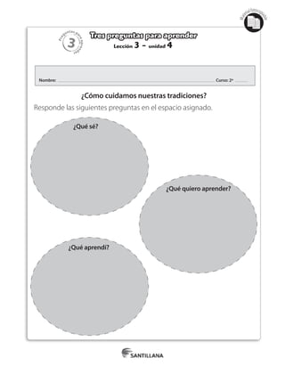 3
Pre
guntas pa
raapren
der
Mat
erialfotocopi
able
Lección 3 - unidad 4
Tres preguntas para aprender
Nombre: Curso: 2º
¿Cómo cuidamos nuestras tradiciones?
Responde las siguientes preguntas en el espacio asignado.
¿Qué sé?
¿Qué quiero aprender?
¿Qué aprendí?
 