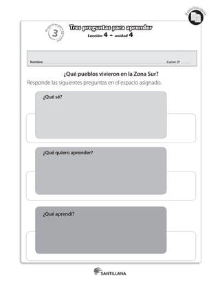 3
Pre
guntas pa
raapren
der
Mat
erialfotocopi
able
Lección 4 - unidad 4
Tres preguntas para aprender
Nombre: Curso: 2º
¿Qué pueblos vivieron en la Zona Sur?
Responde las siguientes preguntas en el espacio asignado.
¿Qué sé?
¿Qué quiero aprender?
¿Qué aprendí?
 