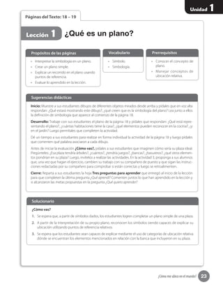 23
Unidad 1
¿Cómo me ubico en el mundo?
¿Cómo vas?
1.	 Se espera que, a partir de símbolos dados, los estudiantes logren completar un plano simple de una plaza.
2.	 A partir de la interpretación de su propio plano, reconocen los símbolos siendo capaces de explicar su
ubicación utilizando puntos de referencia relativos.
3.	 Se espera que los estudiantes sean capaces de explicar mediante el uso de categorías de ubicación relativa
dónde se encuentran los elementos mencionados en relación con la banca que incluyeron en su plaza.
Solucionario
Páginas del Texto: 18 – 19
•	 Interpretar la simbología en un plano.
•	 Crear un plano simple.
•	 Explicar un recorrido en el plano usando
puntos de referencia.
•	 Evaluar lo aprendido en la lección.
•	 Conocer el concepto de
plano.
•	 Manejar conceptos de
ubicación relativa.
•	 Símbolo.
•	 Simbología.
Propósitos de las páginas PrerrequisitosVocabulario
¿Qué es un plano?Lección 1
Inicio: Muestre a sus estudiantes dibujos de diferentes objetos mirados desde arriba y pídales que en voz alta
respondan: ¿Qué estará mostrando este dibujo?, ¿qué creen que es la simbología del plano? Lea junto a ellos
la definición de simbología que aparece al comienzo de la página 18.
Desarrollo: Trabaje con sus estudiantes el plano de la página 18 y pídales que respondan: ¿Qué está repre-
sentando el plano?, ¿cuántas habitaciones tiene la casa?, ¿qué elementos pueden reconocer en la cocina?, ¿y
en el jardín? Luego permítales que completen la actividad.
Dé un tiempo a sus estudiantes para realizar en forma individual la actividad de la página 18 y luego pídales
que comenten qué palabra asociaron a cada dibujo.
Antes de iniciar la evaluación ¿Cómo vas?, pídales a sus estudiantes que imaginen cómo sería su plaza ideal.
Pregúnteles: ¿Esa plaza tendría árboles?, ¿cuántos?, ¿tendría juegos?, ¿bancas?, ¿basureros?, ¿qué otros elemen-
tos pondrían en su plaza? Luego, invítelos a realizar las actividades. En la actividad 3, proponga a sus alumnos            
que, una vez que hagan el ejercicio, cambien su trabajo con su compañero de puesto y que sigan las instruc-
ciones redactadas por su compañero para comprobar si están correctas y luego se retroalimenten.
Cierre: Reparta a sus estudiantes la hoja Tres preguntas para aprender que entregó al inicio de la lección
para que completen la última pregunta ¿Qué aprendí? Comenten juntos lo que han aprendido en la lección y
si alcanzaron las metas propuestas en la pregunta ¿Qué quiero aprender?
Sugerencias didácticas
 