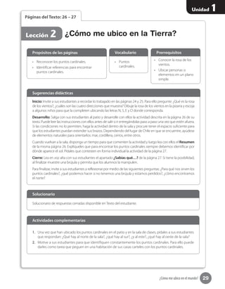 29
Unidad 1
¿Cómo me ubico en el mundo?
Lección 2
Páginas del Texto: 26 – 27
Inicio: Invite a sus estudiantes a recordar lo trabajado en las páginas 24 y 25. Para ello pregunte: ¿Qué es la rosa
de los vientos?, ¿cuáles son las cuatro direcciones que muestra? Dibuje la rosa de los vientos en la pizarra y escoja
a algunos niños para que la completen ubicando las letras N, S, E y O donde corresponda.
Desarrollo: Salga con sus estudiantes al patio y desarrolle con ellos la actividad descrita en la página 26 de su
texto. Puede leer las instrucciones con ellos antes de salir o ir entregándolas paso a paso una vez que estén afuera.
Si las condiciones no lo permiten, haga la actividad dentro de la sala y procure tener el espacio suficiente para
que los estudiantes puedan extender sus brazos. Dependiendo del lugar de Chile en que se encuentre, ayúdese
de elementos naturales para orientarlos: mar, cordillera, cerros, entre otros.
Cuando vuelvan a la sala, disponga un tiempo para que comenten la actividad y luego lea con ellos el Resumen
de la misma página 26. Explíqueles que para encontrar los puntos cardinales siempre debemos identificar por
dónde aparece el sol. Pídales que contesten en forma individual la actividad de la página 27.
Cierre: Lea en voz alta con sus estudiantes el apartado ¿Sabías qué…? de la página 27. Si tiene la posibilidad,
al finalizar muestre una brújula y permita que los alumnos la manipulen.
Para finalizar, invite a sus estudiantes a reflexionar por medio de las siguientes preguntas: ¿Para qué nos sirven los
puntos cardinales?, ¿qué podemos hacer si no tenemos una brújula y estamos perdidos?, ¿cómo encontramos
el norte?
Sugerencias didácticas
•	 Reconocer los puntos cardinales.
•	 Identificar referencias para encontrar
puntos cardinales.
•	 Puntos
cardinales.
•	 Conocer la rosa de los
vientos.
•	 Ubicar personas o
elementos en un plano
simple.
Propósitos de las páginas Vocabulario Prerrequisitos
1.	 Una vez que han ubicado los puntos cardinales en el patio y en la sala de clases, pídales a sus estudiantes
que respondan: ¿Qué hay al norte de la sala?, ¿qué hay al sur?, ¿y al este?, ¿qué hay al oeste de la sala?
2.	 Motive a sus estudiantes para que identifiquen constantemente los puntos cardinales. Para ello puede
darles como tarea que peguen en una habitación de sus casas carteles con los puntos cardinales.
Solucionario de respuestas cerradas disponible en Texto del estudiante.
Solucionario
Actividades complementarias
¿Cómo me ubico en la Tierra?
 