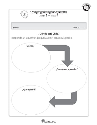 3
Pre
guntas pa
raapren
der
Mat
erialfotocopi
able
Lección 3 - unidad 1
Tres preguntas para aprender
Nombre: Curso: 2º
¿Dónde está Chile?
Responde las siguientes preguntas en el espacio asignado.
¿Qué sé?
¿Qué quiero aprender?
¿Qué aprendí?
 