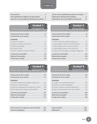Índice 3
Presentación. .  .  .  .  .  .  .  .  .  .  .  .  .  .  .  .  .  .  .  .  .  .  .  .  .  .  .  .  .  .  .  .  .  .  .  .  . 4
Visión global de los Objetivos de Aprendizaje.  .  .  .  .  .  .  . 5
Docentes: una Guía didáctica diseñada para ustedes. .  . 6
¿Cómo son los estudiantes que están en 2º básico?.  .  . 7
Organización delTexto del estudiante.  .  .  .  .  .  .  .  .  .  .  .  .  . 8
Organización de la Guía didáctica del docente. .  .  .  .  . 10
Instrumentos de evaluación para el docente .  .  .  . 202
Glosario pedagógico .  .  .  .  .  .  .  .  .  .  .  .  .  .  .  .  .  .  .  .  .  .  .  .  .  .  . 204
Índice temático .  .  .  .  .  .  .  .  .  .  .  .  .  .  .  .  .  .  .  .  .  .  .  .  .  .  .  .  .  .  . 206
Bibliografía. .  .  .  .  .  .  .  .  .  .  .  .  .  .  .  .  .  .  .  .  .  .  .  .  .  .  .  .  .  .  .  .  .  .  . 208
Índice
Programación de la unidad .  .  .  .  .  .  .  .  .  .  .  .  .  .  .  .  .  .  .  .  . 116
Presentación de la unidad. .  .  .  .  .  .  .  .  .  .  .  .  .  .  .  .  .  .  .  .  .  . 117
Lecciones
1. ¿Qué nos dejaron los pueblos originarios?. . . . . . . 119
2. ¿Somos un país mestizo? . . . . . . . . . . . . . . . . . . . . . . . 123
3. ¿Qué han aportado los inmigrantes a Chile?. . . . . 130
4. ¿Por qué hay que respetar a los demás?. . . . . . . . . 138
¿Cuánto has aprendido?. .  .  .  .  .  .  .  .  .  .  .  .  .  .  .  .  .  .  .  .  .  .  .  . 142
Material fotocopiable.  .  .  .  .  .  .  .  .  .  .  .  .  .  .  .  .  .  .  .  .  .  .  .  .  .  . 144
Prueba de la unidad. .  .  .  .  .  .  .  .  .  .  .  .  .  .  .  .  .  .  .  .  .  .  .  .  .  .  .  . 152
Chile, una mezcla de culturas
Programación de la unidad .  .  .  .  .  .  .  .  .  .  .  .  .  .  .  .  .  .  .  .  . 156
Presentación de la unidad. .  .  .  .  .  .  .  .  .  .  .  .  .  .  .  .  .  .  .  .  .  . 157
Lecciones
1. ¿Cuáles son nuestras tradiciones?. . . . . . . . . . . . . . . 159
2. ¿Cómo es nuestra naturaleza?. . . . . . . . . . . . . . . . . . . 165
3. ¿Cómo cuidamos nuestras tradiciones?. . . . . . . . . . 174
4. ¿Qué servicios existen en la comunidad?. . . . . . . . 178
¿Cuánto has aprendido?. .  .  .  .  .  .  .  .  .  .  .  .  .  .  .  .  .  .  .  .  .  .  .  . 188
Material fotocopiable.  .  .  .  .  .  .  .  .  .  .  .  .  .  .  .  .  .  .  .  .  .  .  .  .  .  . 190
Prueba de la unidad. .  .  .  .  .  .  .  .  .  .  .  .  .  .  .  .  .  .  .  .  .  .  .  .  .  .  .  . 198
¿Cómo es mi país?
Programación de la unidad .  .  .  .  .  .  .  .  .  .  .  .  .  .  .  .  .  .  .  .  .  . 12
Presentación de la unidad. .  .  .  .  .  .  .  .  .  .  .  .  .  .  .  .  .  .  .  .  .  .  . 13
Lecciones
1. ¿Qué es un plano? . . . . . . . . . . . . . . . . . . . . . . . . . . . . . . .  15
2. ¿Cómo me ubico en la Tierra? . . . . . . . . . . . . . . . . . . . .  26
3. ¿Dónde está Chile? . . . . . . . . . . . . . . . . . . . . . . . . . . . . . .  34
4. ¿Cómo es Chile? . . . . . . . . . . . . . . . . . . . . . . . . . . . . . . . . . .  38
5. ¿Cómo cuidamos nuestro entorno?. . . . . . . . . . . . . .  52
¿Cuánto has aprendido?. .  .  .  .  .  .  .  .  .  .  .  .  .  .  .  .  .  .  .  .  .  .  .  .  . 56
Material fotocopiable.  .  .  .  .  .  .  .  .  .  .  .  .  .  .  .  .  .  .  .  .  .  .  .  .  .  .  . 58
Prueba de la unidad. .  .  .  .  .  .  .  .  .  .  .  .  .  .  .  .  .  .  .  .  .  .  .  .  .  .  .  .  . 68
¿Cómo me ubico en el mundo?
Programación de la unidad .  .  .  .  .  .  .  .  .  .  .  .  .  .  .  .  .  .  .  .  .  . 74
Presentación de la unidad. .  .  .  .  .  .  .  .  .  .  .  .  .  .  .  .  .  .  .  .  .  .  . 75
Lecciones
1. ¿Cómo vivían los pueblos originarios?. . . . . . . . . . . .  77
2. ¿Qué pueblos vivieron en la Zona Norte?. . . . . . . . .  82
3. ¿Qué pueblo vivió en la Zona Central?. . . . . . . . . . . .  87
4. ¿Qué pueblos vivieron en la Zona Sur? . . . . . . . . . .  92
5. ¿Cómo viven hoy algunos pueblos indígenas?. . . .  97
¿Cuánto has aprendido?. .  .  .  .  .  .  .  .  .  .  .  .  .  .  .  .  .  .  .  .  .  .  .  . 102
Material fotocopiable.  .  .  .  .  .  .  .  .  .  .  .  .  .  .  .  .  .  .  .  .  .  .  .  .  .  . 104
Prueba de la unidad. .  .  .  .  .  .  .  .  .  .  .  .  .  .  .  .  .  .  .  .  .  .  .  .  .  .  .  . 112
Los primeros habitantes de Chile
Unidad 1
Unidad 3
Unidad 2
Unidad 4
 
