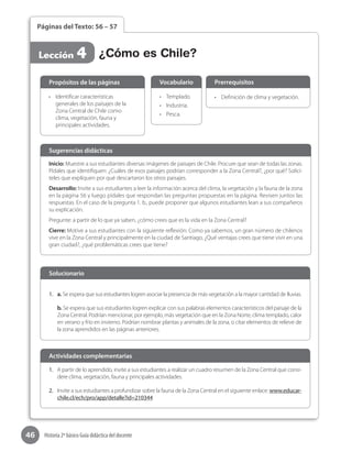 46 Historia 2º básico Guía didáctica del docente
Páginas del Texto: 56 – 57
Lección 4 ¿Cómo es Chile?
Inicio: Muestre a sus estudiantes diversas imágenes de paisajes de Chile. Procure que sean de todas las zonas.
Pídales que identifiquen: ¿Cuáles de esos paisajes podrían corresponder a la Zona Central?, ¿por qué? Solicí-
teles que expliquen por qué descartaron los otros paisajes.
Desarrollo: Invite a sus estudiantes a leer la información acerca del clima, la vegetación y la fauna de la zona
en la página 56 y luego pídales que respondan las preguntas propuestas en la página. Revisen juntos las
respuestas. En el caso de la pregunta 1. b., puede proponer que algunos estudiantes lean a sus compañeros
su explicación.
Pregunte: a partir de lo que ya saben, ¿cómo crees que es la vida en la Zona Central?
Cierre: Motive a sus estudiantes con la siguiente reflexión: Como ya sabemos, un gran número de chilenos
vive en la Zona Central y principalmente en la ciudad de Santiago, ¿Qué ventajas crees que tiene vivir en una
gran ciudad?, ¿qué problemáticas crees que tiene?
Sugerencias didácticas
•	 Identificar características
generales de los paisajes de la
Zona Central de Chile como
clima, vegetación, fauna y
principales actividades.
•	 Templado.
•	 Industria.
•	 Pesca.
•	 Definición de clima y vegetación.
Propósitos de las páginas Vocabulario Prerrequisitos
1.	 a. Se espera que sus estudiantes logren asociar la presencia de más vegetación a la mayor cantidad de lluvias.
b. Se espera que sus estudiantes logren explicar con sus palabras elementos característicos del paisaje de la
Zona Central. Podrían mencionar, por ejemplo, más vegetación que en la Zona Norte, clima templado, calor
en verano y frío en invierno. Podrían nombrar plantas y animales de la zona, o citar elementos de relieve de
la zona aprendidos en las páginas anteriores.
Solucionario
1.	 A partir de lo aprendido, invite a sus estudiantes a realizar un cuadro resumen de la Zona Central que consi-
dere clima, vegetación, fauna y principales actividades.
2.	 Invite a sus estudiantes a profundizar sobre la fauna de la Zona Central en el siguiente enlace: www.educar-
chile.cl/ech/pro/app/detalle?id=210344
Actividades complementarias
 