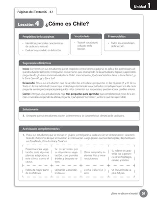 51
Unidad 1
¿Cómo me ubico en el mundo?
1.	 Pida a sus estudiantes que se reúnan en grupos y entrégueles a cada uno un set de tarjetas con caracterís-
ticas de Chile como las que se muestran a continuación. Luego pídales que lean las tarjetas y las clasifiquen
en Zona Norte, Zona Central y Zona Sur.
Presenta escasa vege-
tación, solo algunas
plantas adaptadas a
este clima, como el
cactus.
Se caracteriza por
su abundante vege-
tación, con grandes
árboles y bosques na-
tivos.
Clima templado, in-
viernos fríos y vera-
nos calurosos.
Su relieve se carac-
teriza por la presen-
cia de archipiélagos,
canales y fiordos.
Habita la mayor parte
de los chilenos.
Clima frío y abundan-
tes lluvias.
Clima caluroso y
seco.
Se encuentra la ca-
pital del país.
Actividades complementarias
¿Cómo es Chile?Lección 4
Páginas del Texto: 66 – 67
Inicio: Comente con sus estudiantes que el propósito central de estas páginas es aplicar los aprendizajes ad-
quiridos durante la lección. Entregue las instrucciones para el desarrollo de las actividades. Repase lo aprendido
preguntando: ¿Cuántas zonas naturales tiene Chile?, menciónenlas. ¿Qué características tiene la Zona Norte?, ¿y
la Zona Central?, ¿y la Zona Sur?
Desarrollo: Pida a sus estudiantes que desarrollen las actividades propuestas en las páginas 66 y 67 de su
Texto en forma individual. Una vez que todos hayan terminado sus actividades corrija leyendo en voz alta cada
pregunta y entregando espacio para que los niños comenten sus respuestas y puedan aclarar posibles errores.
Cierre: Entregue a sus estudiantes la hoja Tres preguntas para aprender que completaron al inicio de la lec-
ción e invítelos a responder la última pregunta ¿Qué aprendí? Comenten juntos lo que han aprendido.
Sugerencias didácticas
•	 Identificar principales características
de cada zona natural.
•	 Evaluar lo aprendido en la lección.
3.	 Se espera que sus estudiantes asocien la vestimenta a las características climáticas de cada zona.
•	 Todo el vocabulario
utilizado en la
lección.
Propósitos de las páginas
Solucionario
Vocabulario
•	 Todos los aprendizajes
de la lección.
Prerrequisitos
 