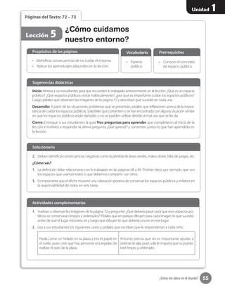55
Unidad 1
¿Cómo me ubico en el mundo?
¿Cómo cuidamos
nuestro entorno?
1.	 Vuelvan a observar las imágenes de la página 72 y pregunte: ¿Qué debería pasar para que esos espacios pú-
blicos se conservaran limpios y ordenados? Pídales que en parejas dibujen para cada imagen lo que sucedió
antes de que el lugar estuviera así y luego que dibujen lo que debería ocurrir en ese lugar.
2.	 Lea a sus estudiantes los siguientes casos y pídales que escriban que le responderían a cada niño.
Paola come un helado en la plaza y tira el papel en
el suelo, pues cree que hay personas encargadas de
realizar el aseo de la plaza.
Antonio piensa que no es importante ayudar a
ordenar la sala, pues solo le importa que su puesto
esté limpio y ordenado.
Actividades complementarias
Lección 5
Páginas del Texto: 72 – 73
Inicio: Motive a sus estudiantes para que recuerden lo trabajado anteriormente en la lección: ¿Qué es un espacio
público? ¿Qué espacios públicos visitas habitualmente?, ¿por qué es importante cuidar los espacios públicos?
Luego pídales que observen las imágenes de la página 72 y describan qué sucedió en cada una.
Desarrollo: A partir de las situaciones problemas que se presentan, pídales que reflexionen acerca de la impor-
tancia de cuidar los espacios públicos. Solicíteles que comenten si se han encontrado con alguna situación similar
en que los espacios públicos están dañados o no se pueden utilizar debido al mal uso que se les da.
Cierre: Entregue a sus estudiantes la guía Tres preguntas para aprender que completaron al inicio de la
lección e invítelos a responder la última pregunta ¿Qué aprendí? y comenten juntos lo que han aprendido en
la lección.
Sugerencias didácticas
•	 Identificar consecuencias de no cuidar el entorno.
•	 Aplicar los aprendizajes adquiridos en la lección.
•	 Espacio
público.
Propósitos de las páginas
2.	 Deben identificar consecuencias negativas como la pérdida de áreas verdes, malos olores, falta de juegos, etc.
¿Cómo vas?
1.	 La definición debe relacionarse con lo trabajado en las páginas 68 y 69. Podrían decir, por ejemplo, que son
los espacios que usamos todos o que debemos compartir con otros.
3.	 Es importante que el afiche muestre una valoración positiva de conservar los espacios públicos y enfatice en
la responsabilidad de todos en esta tarea.
Solucionario
Vocabulario
•	 Conocer el concepto
de espacio público.
Prerrequisitos
 