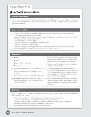 56 Historia 2º básico Guía didáctica del docente
¿Cuanto has aprendido?
Páginas del Texto: 72 – 73
Mencióneles a sus estudiantes la importancia de evaluar lo aprendido, y que para poder trabajar se requiere de
silencio para concentrarse. Procure que la instancia de evaluación sea individual para identificar el aprendizaje
que lograron adquirir.
•	 Un plano es un dibujo de un lugar visto desde arriba. Sirve para encontrar un sitio o ubicarse en él.
•	 La simbología nos ayuda a entender el plano.
•	 Los puntos cardinales son direcciones que nos ayudan a ubicarnos y se grafican en la rosa de los vientos.
•	 Los mapas son representaciones de la Tierra.
•	 Chile se encuentra en América del Sur.
•	 Chile se divide en quince regiones y su capital es Santiago.
•	 Chile tiene tres grandes zonas naturales.
•	 Los parques nacionales son lugares donde hay especies típicas de Chile que deben ser protegidas.
•	 Los espacios públicos son aquellos que compartimos con otras personas.
1.	 a. oeste.
b. norte.
c. Perú – Bolivia – Argentina.
d. oeste – sur.
2.	 Zona Norte: clima caluroso – escasa vegetación.
Zona Central: es la zona más poblada – clima
templado.
Zona Sur: clima lluvioso – abundante vegetación.
3.	 a. Se espera que los estudiantes relacionen la
diversidad de paisajes con la variedad de climas,
vegetación y relieve.
b. Sus estudiantes deberían responder utilizando
las características propias de la Zona Sur que ge-
neran dificultades para la vida de las personas.
4.	 Se espera que los estudiantes encierren la basura
que aparece en la imagen.
5.	 Sus estudiantes podrían entregar respuestas
como los siguientes: los espacios se encontrarían
sucios, habría malos olores, no habrían condicio-
nes para utilizarlo, en el caso de las áreas verdes
podría perderse la vegetación.
6.	 Esta actividad dependerá de cada estudiante. Es
importante verificar que su frase refleje y transmi-
ta una valoración por el cuidado de los espacios
públicos.
Sugerencias didácticas
Invite a sus apoderados a participar en el proceso de aprendizaje de sus estudiantes. Puede orientarlos dán-
doles actividades concretas:
•	 Motivar a sus estudiantes a utilizar los puntos cardinales en situaciones cotidianas.
•	 Usar con los niños mapas y planos para encontrar lugares y direcciones.
•	 Describir paisajes de lugares que visiten aplicando los conceptos de relieve, clima y vegetación.
•	 Reforzar el nombre de región, ciudad y zona natural que habitan.
•	 Motivar al estudiante en actividades de cuidado del entorno.
En familia
Repaso de la unidad
Solucionario	
 