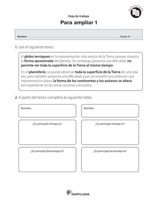 Mat
erialfotocopi
able
Hoja de trabajo
Para ampliar 1
1.	Lee el siguiente texto.
El globo terráqueo es la representación más exacta de la Tierra, porque muestra
la forma aproximada del planeta. Sin embargo, presenta una dificultad: no
permite ver toda la superficie de la Tierra al mismo tiempo.
En el planisferio, se puede observar toda la superficie de la Tierra de una sola
vez, pero también presenta una dificultad, pues al convertir una esfera en una
representación plana, la forma de los continentes y los océanos se altera,
principalmente en las zonas cercanas a los polos.
2.	A partir del texto, completa la siguiente tabla.
Nombre:
¿Su principal ventaja es?
¿Su principal desventaja es?
Nombre:
¿Su principal ventaja es?
¿Su principal desventaja es?
Nombre: Curso: 2º
 