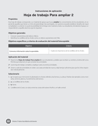 66 Historia 2º básico Guía didáctica del docente
Propósitos
Esta hoja de trabajo corresponde a un material de apoyo que busca ampliar los conocimientos de los estudiantes, en es-
pecial de aquellos que tienen un ritmo de aprendizaje más aventajado, con quienes se puede establecer desafíos de mayor
complejidad. Lo anterior no quita la posibilidad de entregar este material a todos sus estudiantes, brindando el apoyo co-
rrespondiente a aquellos alumnos que lo requieran.
Objetivos generales
•	 Conocer características del relieve chileno.
•	 Identificar la cordillera de los Andes como un relieve característico de Chile.
Objetivos específicos y criterios de evaluación del material fotocopiable
Objetivo Criterio
Comunica información sobre lo aprendido. •	 Explica la importancia de la cordillera de los Andes.
Aplicación del material
1º	 Reparta las Hojas de trabajo Para ampliar 2 a sus estudiantes y pídales que escriban su nombre y la letra del curso.
Permita que observen en qué consisten las actividades.
2º	 Lea la hoja de trabajo completa y explique cada una de las actividades.
3º	 Lleven a cabo las actividades en orden. Lea cada actividad de nuevo y deje tiempo suficiente para que los niños respon-
dan individualmente.
Solucionario
1.	 a. Se espera que mencionen lo planteado en el texto referido a las formas y su altura. Podrían dar ejemplos como mon-
tañas, terrenos planos y hundimientos del terreno.
2.	 a. La cordillera de los Andes.
2.	 b. Norte.
3.	 Cordillera de la Costa y se ubica entre las costas del océano Pacífico y el valle central.
Instrucciones de aplicación
Hoja de trabajo Para ampliar 2
 