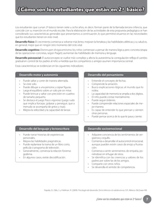 7¿Cómo son los estudiantes que están en 2º básico?
¿Cómo son los estudiantes que están en 2º básico?
Los estudiantes que cursan 2º básico tienen siete u ocho años, es decir, forman parte de la llamada tercera infancia, que
coincide con su inserción en el mundo escolar. Para la elaboración de las actividades de esta propuesta pedagógica se han
considerado sus características generales que presentamos a continuación, lo que permitirá situarnos en las necesidades
que los estudiantes tienen en este nivel.
Desarrollo físico: El crecimiento comienza a volverse más lento; mejoran la fortaleza y las habilidades atléticas y su salud es,
en general, mejor que en ningún otro momento del ciclo vital.
Desarrollo cognitivo: Disminuyen el egocentrismo; los niños comienzan a pensar de manera lógica pero concreta (etapa
de las operaciones concretas, según Piaget); aumentan las habilidades de memoria y lenguaje.
Desarrollo psicosocial: El autoconcepto se vuelve más complejo y afecta la autoestima; la corregulación refleja el cambio
gradual en control de los padres al niño a medida que los compañeros o amigos asumen importancia central.
Estas características se evidencian en los siguientes indicadores:
•	 Entiende el concepto de fechas.
•	 Comprende la seriación.
•	 Busca explicaciones lógicas al mundo que lo
rodea.
•	 La capacidad de memoria se amplía a dos digitos.
•	 El niño puede contar mentalmente.
•	 Puede seguir órdenes.
•	 Puede comprender relaciones espaciales de me-
jor manera.
•	 Es capaz de entender lo que piensan y sienten
otras personas.
•	 Puede pensar acerca de lo que le pasa y siente.
•	 Puede saltar y correr de manera alternada.
•	 Se viste solo.
•	 Puede dibujar a una persona y copiar figuras.
•	 Larga el equilibrio sobre un solo pie sin mirar.
•	 Puede brincar y saltar con precisión en cuadros
de tamaño pequeño.
•	 Se destaca el juego físico vigoroso (juego rudo
que implica forcejar, golpear y perseguir, que a
menudo se acompaña de gritos y risas).
•	 Mejora la velocidad y la capacidad de lanzar.
•	 Adquiere conciencia de los sentimientos de ver-
güenza y orgullo.
•	 Comienza a desarrollar el autocontrol emocional,
aunque pueden existir casos de enojo y frustra-
ción.
•	 Comienza a sentir sentimientos de empatía, po-
niéndose en el lugar de otros.
•	 Se identifica con las creencias y valores de los
padres por sobre las de los amigos.
•	 Comparte con otros niños.
•	 Se desarrolla el sentido de competencia.
•	 Puede narrar historias de experiencias
personales.
•	 Mejora las habilidades pragmáticas.
•	 Puede replantear la trama de un libro corto,
película o programa de televisión.
•	 Generalmente, comienza la relación fonema-
grafema.
•	 En algunos casos, existe decodificación.
Desarrollo del pensamientoDesarrollo motor y autonomía
Desarrollo socioemocionalDesarrollo del lenguaje y lectoescritura
Papalia, D., Olds, S. y Feldman, R. (2009). Psicología del desarrollo. De la infancia a la adolescencia. D.F., México: McGraw-Hill.
 