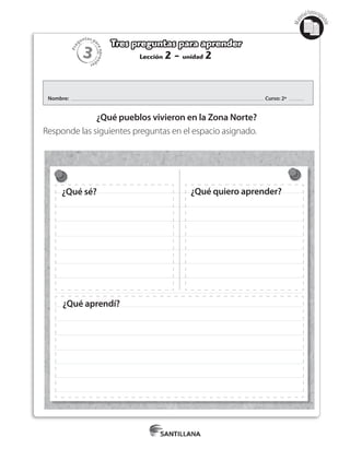 3
Pre
guntas pa
raapren
der
Mat
erialfotocopi
able
Lección 2 - unidad 2
Tres preguntas para aprender
Nombre: Curso: 2º
¿Qué pueblos vivieron en la Zona Norte?
Responde las siguientes preguntas en el espacio asignado.
¿Qué sé? ¿Qué quiero aprender?
¿Qué aprendí?
 