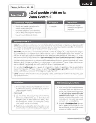 89
Unidad 2
Los primeros habitantes de Chile
Lección 3
Páginas del Texto: 94 – 95
¿Qué pueblo vivió en la
Zona Central?
Inicio: Pregúnteles a sus estudiantes: ¿Han oído hablar de las leyendas?, ¿qué son?, ¿conocen alguna leyenda?
Permita que compartan sus experiencias y explíqueles qué es una leyenda; en palabras sencillas: es un relato de
fantasía que se va contando oralmente de generación en generación.
Desarrollo: Lea junto con sus estudiantes la leyenda de Lican Ray de la página 94, y luego responda las pregun-
tas. Coménteles que una expresión de la cultura mapuche, y que ha permanecido hasta nuestros tiempos, son
este tipo de textos que explican el origen de las cosas. Léales otra leyenda mapuche,“Tren Tren y Cai Cai Vilú”,
que podrá encontrar en el siguiente enlace: www.leechilelee.cl/recursos/audiocuento-tren-tren-y-cai-cai-vilu
Para la actividad 1b, ayude a sus estudiantes en la búsqueda del significado de cacique que, según la RAE, corres-
ponde a una“persona que en un pueblo o comarca influye en asuntos públicos”. Luego, pídales que comenten
qué escena de la leyenda fue la que más les gustó y la dibujen en sus cuadernos.
Para la evaluación ¿Cómo vas?, forme grupos de trabajo de tres estudiantes y pídales que lean las actividades y
discutan las respuestas. Al finalizar, entregue las guías Tres preguntas para aprender que retiró al inicio de la
lección, y solicíteles que respondan la tercera pregunta ¿Qué aprendí?
Cierre: Aproveche la instancia de evaluación para preguntarles: ¿Qué modo de vida tenían los mapuche?, ¿qué
actividades realizaban?
Sugerencias didácticas
•	 Identificar al pueblo mapuche como
pueblo originario de Chile.
•	 Reconocer la leyenda como elemento
cultural del pueblo originario mapuche.
•	 Evaluar lo aprendido en la lección.
1.	 c. Se espera que los estudiantes dibujen una esce-
na referida a la leyenda, considerando a uno o más
personajes de la historia.
¿Cómo vas?
3.	 Los estudiantes dibujan a un mapuche realizando
distintas actividades a las que se dedicaban, por
ejemplo: cultivo de tierra, producción textil y reco-
lección de frutos, para el caso de mujeres y niños;
cazar, para el caso de los hombres.
4.	 A partir de lo estudiado, los alumnos escriben en sus
cuadernos tres características del pueblo mapuche.
1.	 En el sitio de Chile para niños existe
un espacio dedicado al pueblo ma-
puche, que puede encontrar en este
link: www.chileparaninos.cl/temas/
mapuche/index.html. En él hallará
diversos recursos audiovisuales, entre
otros algunas leyendas, que puede
compartir con sus estudiantes.
2.	 Aplique la Ficha de trabajo disponi-
ble en la página 90, en que los estu-
diantes deberán reconocer elementos
propios del pueblo mapuche.
•	 Leyenda. •	 Identificar al pueblo
mapuche como pueblo
originario.
Propósitos de las páginas
Solucionario Actividades complementarias
Vocabulario Prerrequisitos
 
