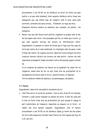 GUIA DIDÀCTICA DEL PROJECTE DE L’HORT


         procediment a uns 15-20 cm de distància un forat de l’altra (un pam

         nostre o un peu dels alumnes). Amb aquesta distància entre faves ens

         assegurem que cap d’elles hagi de competir amb la seva veïna pels

         nutrients, estendre les seves arrels,... Finalment, es rega una mica.

         D’aquesta mateixa manera es sembren, per exemple, els pèsols i les

         mongetes.

     •   Raves: com que són llavors molt petites, n’agafem un grapat amb la mà,

         les barregem amb terra i les escampem pel lloc on volem que creixin, ja

         que   amb     aquesta   barreja    les   llavors   es   distribueixen   millor.

         Seguidament, hi passem el rascle de forma que hi hagi una fina capa de

         terra per sobre de la zona sembrada, ho trepitgem amb els peus o amb

         la base del rascle i ho reguem una mica. Quan els raves estiguin una mica

         crescuts haurem d’aclarir-los (treure els més petits i deixar els més

         vigorosos) aconseguint l’espai necessari entre ells perquè puguin créixer

         bé.

         Si en comptes de sembrar les llavors en un quadrant ho volem fer en

         rengleres, abans hem de fer un solc d’uns 2cm de profunditat on hi

         escamparem les llavors amb la terra i, posteriorment, el taparem.

         Així es sembren també els espinacs, les pastanagues, els pèsols,...



     6.2: Plantar

     Seguidament, descrivim com plantar una planta de col.

     •   Cols: Fem servir la corda de jardiner i fem un solc d’uns 10 cm d’alçada,

         formant a cada costat d’aquest un pilonet de terra. A dalt de cada piló

         hi fem un forat d’uns 4cm de profunditat (el just perquè hi càpiga la

         part subterrània de l’esqueix), dipositem un esqueix en el forat i el

         tapem una mica perquè s’aguanti. Seguidament, fem el mateix

         procediment a uns 15-20 cm de distància. Quan ja tenim els dos pilons

         de terra amb esqueixos formant dues fileres de cols reguem pel mig, és

         a dir, pel solc.




                                           14
 