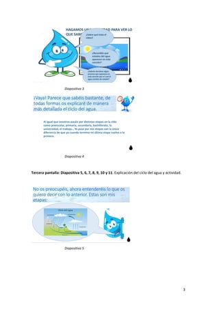 3
Diapositiva 3
Diapositiva 4
Tercera pantalla: Diapositiva 5, 6, 7, 8, 9, 10 y 11. Explicación del ciclo del agua y actividad.
Diapositiva 5
 