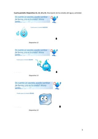 6
Cuarta pantalla: Diapositiva 12, 13, 14 y 15. Descripción de los estados del agua y actividad.
Diapositiva 12
Diapositiva 13
Diapositiva 14
 
