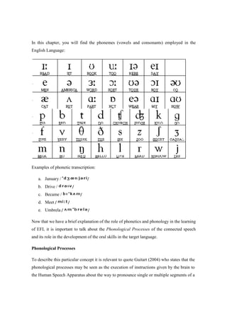In this chapter, you will find the phonemes (vowels and consonants) employed in the
English Language:




Examples of phonetic transcription:

   a. January /                  /
   b. Drive /            /
   c. Became /               /
   d. Meet /         /
   e. Umbrela /                  /

Now that we have a brief explanation of the role of phonetics and phonology in the learning
of EFL it is important to talk about the Phonological Processes of the connected speech
and its role in the development of the oral skills in the target language.

Phonological Processes

To describe this particular concept it is relevant to quote Guitart (2004) who states that the
phonological processes may be seen as the execution of instructions given by the brain to
the Human Speech Apparatus about the way to pronounce single or multiple segments of a
 