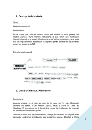 2. Descripció del material
Tipus:
Material audiovisual
Funcionalitat:
En el nostre cas, utilitzam aquest recurs per introduir el tema general als
nostres alumnes d’una manera motivadora, ja que volem que mantinguin
l’atenció durant tota la sessió. Un altre manera d’utilitzar aquest programa seria
que els propis alumnes treballessin el programa per tal de crear els seus vídeos
durant les sessions de TIC.

Estructura del material:

3. Guía d’ús didàctic. Planificació:

Destinataris:
Aquesta activitat va dirigida als nins del 2n curs del 2n cicle d’Educació
Primària del centre “CEIP Antònia Alzina”, situat al poble de Lloret de
Vistalegre. El grup classe de 4t de primària consta de 24 alumnes del municipi
on tots resideixen al mateix poble.
Tots els alumnes són de parla catalana, menys dos alumnes nouvinguts de la
comunitat autònoma d’Andalusia que presenten alguna dificultat a l’hora
2

 