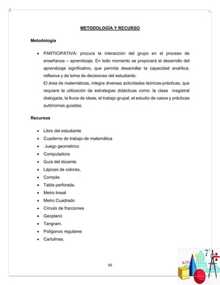 40
METODOLOGÍA Y RECURSO
Metodología
 PARTICIPATIVA: procura la interacción del grupo en el proceso de
enseñanza – aprendizaje. En todo momento se propiciará el desarrollo del
aprendizaje significativo, que permita desarrollar la capacidad analítica,
reflexiva y de toma de decisiones del estudiante.
El área de matemáticas, integra diversas actividades teóricas-prácticas, que
requiere la utilización de estrategias didácticas como: la clase magistral
dialogada, la lluvia de ideas, el trabajo grupal, el estudio de casos y prácticas
autónomas guiadas.
Recursos
 Libro del estudiante
 Cuaderno de trabajo de matemática
 Juego geométrico
 Computadora
 Guía del docente
 Lápices de colores,
 Compás
 Tabla perforada.
 Metro lineal
 Metro Cuadrado
 Círculo de fracciones
 Geoplano
 Tangram.
 Polígonos regulares
 Cartulinas.
 