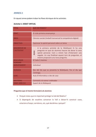 ANNEX 2

En aquest annex podem trobar les fitxes tècniques de les activitats.

Activitat 1: DEBAT VIRTUAL

TÍTOL                    QUÈ EN PENSES?

EDAT                     3r cicle primera ensenyança

ÀREA                     Ciències socials (treball transversal la competència digital)

OBJECTIUS                Expressar la opinió personal sobre un tema

DESCRIPCIÓ DE                  A la primera activitat de la WebQuest hi ha una
L’ACTIVITAT                    pregunta en què els alumnes hauran de donar la seva
                          AULA




                               opinió personal. Com a mínim han d’intervenir una
                               vegada. Un cop finalitzat aquest torn de preguntes, el
                               mestre proposarà una nova pregunta.
RESCURSOS                A l’aula 2 mestres
HUMANS
AGRUPAMENT               Individual

DURADA                   Des del dia que es presenta la WebQuest, fins el dia que
                         s’entrega.
LLOC                     Aula d’informàtica o des de casa

MATERIAL                 Connexió a la xarxa i ordinador
EINES WEB 2.0            Suport de la Webquest


Preguntes que el mestre formularà als alumnes

    Perquè creieu que és important protegir la Vall del Madriu?
    Si depengués de vosaltres conservar la Vall o deixar-hi construir cases,
        estacions d’esquí, carreteres, etc, què decidiríeu i perquè?




                                            17
 