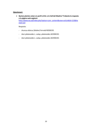 Qüestionari:

    Quines plantes estan en perill crírtic a la Vall del Madriu? Trobaràs la resposta
     a la pàgina web següent:
     http://www.iea.ad/index.php?option=com_content&view=article&id=153&Ite
     mid=123

      Resposta:

      -   Aruncus dioicus (Walter) Fernald ROSÀCIES

      -   Acer platanoides L. subsp. platanoides ACERÀCIES

      -   Acer platanoides L. subsp. platanoides ACERÀCIES




                                         20
 