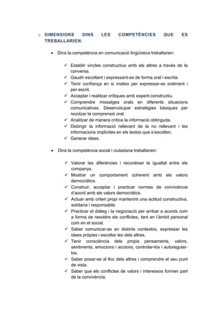 o DIMENSIONS
DINS
TREBALLARIEN:
•

LES

COMPETÈNCIES

QUE

ES

Dins la competència en comunicació lingüística treballarien:
 Establir vincles constructius amb els altres a través de la
conversa.
 Gaudir escoltant i expressant-se de forma oral i escrita.
 Tenir confiança en si mateix per expressar-se oralment i
per escrit.
 Acceptar i realitzar crítiques amb esperit constructiu.
 Comprendre missatges orals en diferents situacions
comunicatives. Desenvolupar estratègies bàsiques per
recolzar la comprensió oral.
 Analitzar de manera crítica la informació obtinguda.
 Distingir la informació rellevant de la no rellevant i les
informacions implícites en els textos que s’escolten.
 Generar idees.

•

Dins la competència social i ciutadana treballarien:
 Valorar les diferències i reconèixer la igualtat entre els
companys.
 Mostrar un comportament coherent amb els valors
democràtics.
 Construir, acceptar i practicar normes de convivència
d’acord amb els valors democràtics.
 Actuar amb criteri propi mantenint una actitud constructiva,
solidaria i responsable.
 Practicar el diàleg i la negociació per arribar a acords com
a forma de resoldre els conflictes, tant en l’àmbit personal
com en el social.
 Saber comunicar-se en distints contextos, expressar les
idees pròpies i escoltar les dels altres.
 Tenir consciència dels propis pensaments, valors,
sentiments, emocions i accions, controlar-los i autoregularlos.
 Saber posar-se al lloc dels altres i comprendre el seu punt
de vista.
 Saber que els conflictes de valors i interessos formen part
de la convivència.

 