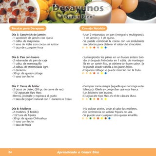 Recetas para Desayuno                               Consejo Nutricio

 Día 5: Sandwich de jamón                            - Usar 2 rebanadas de pan (integral o multigrano),
 - 1 sandwich de jamón con queso                       1 de jamón y 1 de queso.
 - 1 cdita. de mayonesa                              - Se puede combinar la cocoa con un endulzante
 - 1 vaso de leche con cocoa sin azúcar                sin calorías para obtener el sabor del chocolate.
 - 1 taza de cualquier fruta


 Día 6: Pan con huevo                                - Sumergiendo los panes en un huevo entero bati-
 - 2 rebanadas de pan de caja                          do, y después friéndolos en 1 cdita. de mantequi-
 - 1 cdita. de mantequilla                             lla en un sartén liso, se obtiene un buen sabor. Se
 - 2 cditas. de mermelada light                        le puede añadir canela a los panes fritos
 - 1 durazno                                         - El queso cottage se puede mezclar con la fruta.
 - 30 gr. de queso cottage
 - 1 vaso con leche


 Día 7: Tacos de bistec                              - Comprar carne magra (aquella que no tenga vetas
 - 2 tacos de bistec (30 gr. de carne de res)          blancas). Olerla y comprobar que este fresca.
 - 1/2 aguacate tipo Hass                            - Los bisteces son asados.
 - Berros, jitomate y espinaca al gusto              - El aguacate tipo Hass es el de cáscara dura.
 - 1 taza de yogurt natural con 1 durazno o fresas


 Día 8: Molletes                                     - No utilizar aceite, dejar al calor los molletes.
 - 2 molletes (1 bolillo)                            - De preferencia no utilizar frijoles de lata.
 - 1/2 taza de frijoles                              - Se puede usar cualquier otro queso amarillo.
 - 30 gr. de queso Chihuahua
 - 1 vaso con leche
 - 1 taza de fruta




24                                    Aprendiendo a Comer Bien
 
