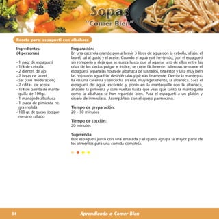 Receta para: espagueti con albahaca

 Ingredientes:                  Preparación:
 (4 personas)                   En una cacerola grande pon a hervir 3 litros de agua con la cebolla, el ajo, el
                                laurel, sal al gusto y el aceite. Cuando el agua esté hirviendo, pon el espagueti
 - 1 paq. de espagueti          sin romperlo y deja que se cueza hasta que al agarrar uno de ellos entre las
 - 1/4 de cebolla               uñas de los dedos pulgar e índice, se corte fácilmente. Mientras se cuece el
 - 2 dientes de ajo             espagueti, separa las hojas de albahaca de sus tallos, tira éstos y lava muy bien
 - 2 hojas de laurel            las hojas con agua fría, desinféctalas y pícalas finamente. Derrite la mantequi-
 - Sal (con moderación)         lla en una cacerola y sancocha en ella, muy ligeramente, la albahaca. Saca el
 - 2 cditas. de aceite          espagueti del agua, escúrrelo y ponlo en la mantequilla con la albahaca,
 - 1/4 de barrita de mante-     añádele la pimienta y dale vueltas hasta que veas que tanto la mantequilla
   quilla de 100gr.             como la albahaca se han repartido bien. Pasa el espagueti a un platón y
 - 1 manojode albahaca          sírvelo de inmediato. Acompáñalo con el queso parmesano.
 - 1 pizca de pimienta ne-
   gra molida                   Tiempo de preparación:
 - 100 gr. de queso tipo par-   20 - 30 minutos
   mesano rallado
                                Tiempo de cocción:
                                20 minutos

                                Sugerencia:
                                Este espagueti junto con una ensalada y el queso agrupa la mayor parte de
                                los alimentos para una comida completa.




34                                   Aprendiendo a Comer Bien
 