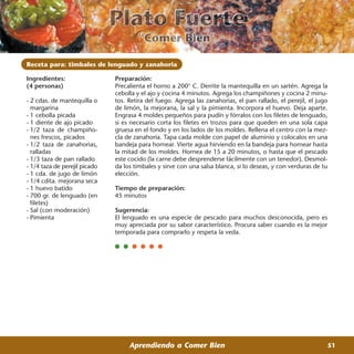 Receta para: timbales de lenguado y zanahoria

Ingredientes:                  Preparación:
(4 personas)                   Precalienta el horno a 200° C. Derrite la mantequilla en un sartén. Agrega la
                               cebolla y el ajo y cocina 4 minutos. Agrega los champiñones y cocina 2 minu-
- 2 cdas. de mantequilla o     tos. Retira del fuego. Agrega las zanahorias, el pan rallado, el perejil, el jugo
  margarina                    de limón, la mejorana, la sal y la pimienta. Incorpora el huevo. Deja aparte.
- 1 cebolla picada             Engrasa 4 moldes pequeños para pudín y fórralos con los filetes de lenguado,
- 1 diente de ajo picado       si es necesario corta los filetes en trozos para que queden en una sola capa
- 1/2 taza de champiño-        gruesa en el fondo y en los lados de los moldes. Rellena el centro con la mez-
  nes frescos, picados         cla de zanahoria. Tapa cada molde con papel de aluminio y colocalos en una
- 1/2 taza de zanahorias,      bandeja para hornear. Vierte agua hirviendo en la bandeja para hornear hasta
  ralladas                     la mitad de los moldes. Hornea de 15 a 20 minutos, o hasta que el pescado
- 1/3 taza de pan rallado      este cocido (la carne debe desprenderse fácilmente con un tenedor). Desmol-
- 1/4 taza de perejil picado   da los timbales y sirve con una salsa blanca, si lo deseas, y con verduras de tu
- 1 cda. de jugo de limón      elección.
- 1/4 cdita. mejorana seca
- 1 huevo batido               Tiempo de preparación:
- 700 gr. de lenguado (en      45 minutos
  filetes)
- Sal (con moderación)         Sugerencia:
- Pimienta                     El lenguado es una especie de pescado para muchos desconocida, pero es
                               muy apreciada por su sabor característico. Procura saber cuando es la mejor
                               temporada para comprarlo y respeta la veda.




                                    Aprendiendo a Comer Bien                                                   51
 