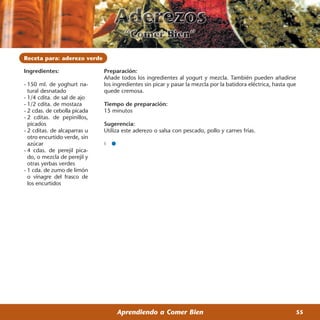 Receta para: aderezo verde

Ingredientes:                 Preparación:
                              Añade todos los ingredientes al yogurt y mezcla. También pueden añadirse
- 150 ml. de yoghurt na-      los ingredientes sin picar y pasar la mezcla por la batidora eléctrica, hasta que
  tural desnatado             quede cremosa.
- 1/4 cdita. de sal de ajo
- 1/2 cdita. de mostaza       Tiempo de preparación:
- 2 cdas. de cebolla picada   15 minutos
- 2 cditas. de pepinillos,
  picados                     Sugerencia:
- 2 cditas. de alcaparras u   Utiliza este aderezo o salsa con pescado, pollo y carnes frías.
  otro encurtido verde, sin
  azúcar
- 4 cdas. de perejil pica-
  do, o mezcla de perejil y
  otras yerbas verdes
- 1 cda. de zumo de limón
  o vinagre del frasco de
  los encurtidos




                                   Aprendiendo a Comer Bien                                                   55
 
