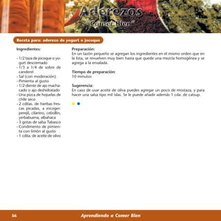 Receta para: aderezo de yogurt o jocoque

 Ingredientes:                    Preparación:
                                  En un tazón pequeño se agregan los ingredientes en el mismo orden que en
 - 1/2 taza de jocoque o yo-      la lista, se revuelven muy bien hasta que quede una mezcla homogénea y se
   gurt descremado                agrega a la ensalada.
 - 1/3 a 1/4 de sobre de
   canderel                       Tiempo de preparación:
 - Sal (con moderación)           10 minutos
 - Pimienta al gusto
 - 1/2 diente de ajo macha-       Sugerencia:
   cado o ajo deshidratado        En caso de usar aceite de oliva puedes agregar un poco de mostaza, y para
 - Una pizca de hojuelas de       hacer una salsa tipo mil islas. Se le puede añadir además 1 cda. de catsup.
   chile seco
 - 2 cditas. de hierbas fres-
   cas picadas, a escoger:
   perejil, cilantro, cebollin,
   yerbabuena, albahaca
 - 3 gotas de salsa Tabasco
 - Condimento de pimien-
   ta con limón al gusto
 - 1 cdita. de aceite de olivo




56                                     Aprendiendo a Comer Bien
 