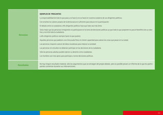 - 10 -
Recursos
EJEMPLOS DE PREGUNTAS
La responsabilidad de todo lo que pasa y se hace (y no se hace) en nuestra ciudad es de sus dirigentes políticos.
Con enseñar los valores propios de la democracia es suficiente para educar en la participación.
El debate entre la ciudadanía y l@s dirigentes políticos hace que todo sea más lento.
Sería mejor que las personas inmigrantes no participaran en la toma de decisiones políticas ya que todo lo que proponen es para el beneficio de su colec-
tivo y no el de toda la ciudadanía.
Lo@s dirigentes políticos siempre hacen lo que quieren.
Aquellas personas que padecen una minusvalía física no tienen capacidad para valorar las cosas que pasan en la ciudad.
Las personas mayores carecen de ideas novedosas para mejorar la sociedad.
Las personas sin estudios no deberían participar en las decisiones de la ciudadanía.
Sólo las personas adultas pueden ejercer su derecho como ciudadanas.
Los hombres son más aptos para participar y tomar decisiones políticas.
Resultados
No hay ningún resultado material, sólo los argumentos que se extraigan del propio debate, pero es posible prever un informe de lo que los partici-
pantes comentan durante sus intervenciones.
 