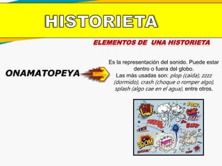 ELEMENTOS DE UNA HISTORIETA
ONAMATOPEYA
Es la representación del sonido. Puede estar
dentro o fuera del globo.
Las más usadas son: plop (caída), zzzz
(dormido), crash (choque o romper algo),
splash (algo cae en el agua), entre otros.
 