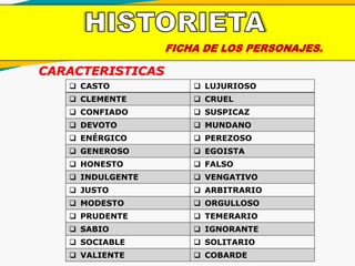 FICHA DE LOS PERSONAJES.
 CASTO  LUJURIOSO
 CLEMENTE  CRUEL
 CONFIADO  SUSPICAZ
 DEVOTO  MUNDANO
 ENÉRGICO  PEREZOSO
 GENEROSO  EGOISTA
 HONESTO  FALSO
 INDULGENTE  VENGATIVO
 JUSTO  ARBITRARIO
 MODESTO  ORGULLOSO
 PRUDENTE  TEMERARIO
 SABIO  IGNORANTE
 SOCIABLE  SOLITARIO
 VALIENTE  COBARDE
CARACTERISTICAS
 