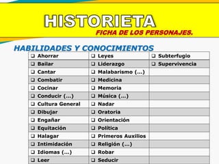 FICHA DE LOS PERSONAJES.
HABILIDADES Y CONOCIMIENTOS
 Ahorrar  Leyes  Subterfugio
 Bailar  Liderazgo  Supervivencia
 Cantar  Malabarismo (…)
 Combatir  Medicina
 Cocinar  Memoria
 Conducir (…)  Música (…)
 Cultura General  Nadar
 Dibujar  Oratoria
 Engañar  Orientación
 Equitación  Política
 Halagar  Primeros Auxilios
 Intimidación  Religión (…)
 Idiomas (…)  Robar
 Leer  Seducir
 