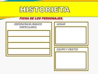 FICHA DE LOS PERSONAJES.
IDIOSINCRACIA (RASGOS
PARTICULARES)
HOGAR
EQUIPO Y OBJETOS
 