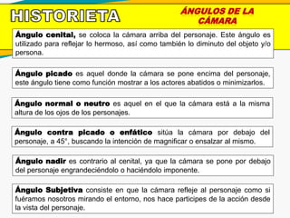 ÁNGULOS DE LA
CÁMARA
Ángulo cenital, se coloca la cámara arriba del personaje. Este ángulo es
utilizado para reflejar lo hermoso, así como también lo diminuto del objeto y/o
persona.
Ángulo picado es aquel donde la cámara se pone encima del personaje,
este ángulo tiene como función mostrar a los actores abatidos o minimizarlos.
Ángulo normal o neutro es aquel en el que la cámara está a la misma
altura de los ojos de los personajes.
Ángulo contra picado o enfático sitúa la cámara por debajo del
personaje, a 45°, buscando la intención de magnificar o ensalzar al mismo.
Ángulo nadir es contrario al cenital, ya que la cámara se pone por debajo
del personaje engrandeciéndolo o haciéndolo imponente.
Ángulo Subjetiva consiste en que la cámara refleje al personaje como si
fuéramos nosotros mirando el entorno, nos hace participes de la acción desde
la vista del personaje.
 