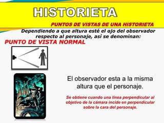PUNTOS DE VISTAS DE UNA HISTORIETA
Dependiendo a que altura esté el ojo del observador
respecto al personaje, así se denominan:
PUNTO DE VISTA NORMAL
El observador esta a la misma
altura que el personaje.
Se obtiene cuando una línea perpendicular al
objetivo de la cámara incide en perpendicular
sobre la cara del personaje.
 