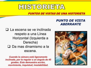 PUNTOS DE VISTAS DE UNA HISTORIETA
PUNTO DE VISTA
ABERRANTE
 La escena se ve inclinada
respeto a una Línea
Horizontal (Izquierda a
Derecha)
 Da mas dinamismo a la
escena.
Cuando la cámara está ligeramente
inclinada, por lo regular a un ángulo de 45
grados. Esto demuestra acción,
movimiento, inquietud, inestabilidad.
 