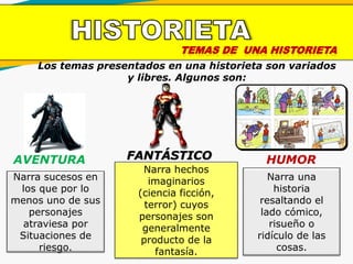 TEMAS DE UNA HISTORIETA
Los temas presentados en una historieta son variados
y libres. Algunos son:
AVENTURA
Narra sucesos en
los que por lo
menos uno de sus
personajes
atraviesa por
Situaciones de
riesgo.
Narra hechos
imaginarios
(ciencia ficción,
terror) cuyos
personajes son
generalmente
producto de la
fantasía.
FANTÁSTICO
Narra una
historia
resaltando el
lado cómico,
risueño o
ridículo de las
cosas.
HUMOR
 