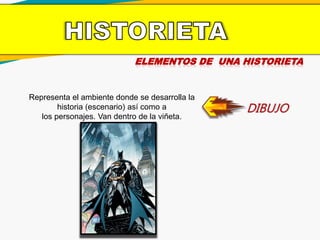 ELEMENTOS DE UNA HISTORIETA
DIBUJO
Representa el ambiente donde se desarrolla la
historia (escenario) así como a
los personajes. Van dentro de la viñeta.
 