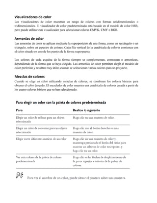 Visualizadores de color
Los visualizadores de color muestran un rango de colores con formas unidimensionales o
tridimensionales. El visualizador de color predeterminado está basado en el modelo de color HSB,
pero puede utilizar este visualizador para seleccionar colores CMYK, CMY o RGB.

Armonías de color
Las armonías de color se aplican mediante la superposición de una forma, como un rectángulo o un
triángulo, sobre un espectro de colores. Cada fila vertical de la cuadrícula de colores comienza con
el color situado en uno de los puntos de la forma superpuesta.

Los colores de cada esquina de la forma siempre se complementan, contrastan o armonizan,
dependiendo de la forma que se haya elegido. Las armonías de color permiten elegir el modelo de
color preferido y resultan muy útiles cuando se seleccionan varios colores para un proyecto.

Mezclas de colores
Cuando se elige un color utilizando mezclas de colores, se combinan los colores básicos para
obtener el color deseado. El mezclador de color muestra una cuadrícula de colores creada a partir de
los cuatro colores básicos que se han seleccionado.
 