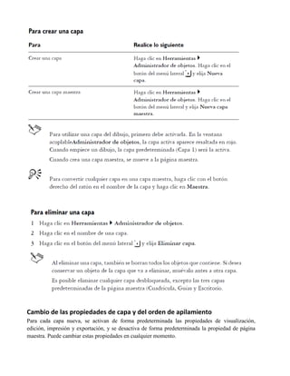 Cambio de las propiedades de capa y del orden de apilamiento
Para cada capa nueva, se activan de forma predeterminada las propiedades de visualización,
edición, impresión y exportación, y se desactiva de forma predeterminada la propiedad de página
maestra. Puede cambiar estas propiedades en cualquier momento.
 