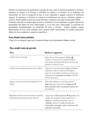 Durante las operaciones de importación o pegado de texto, tiene la opción de mantener el formato,
mantener las fuentes y el formato, o descartar las fuentes y el formato. Si se mantienen las
fuentes/tipos de letra se asegurará de que el texto importado y pegado conserva la definición
original. Si mantiense el formato, se conserva la información de marcas, columnas, negritas y
cursivas. Puede también conservar el color del texto o importar texto negro como negro CMYK.
Si decides descartar las fuentes/tipos de letra y el formato, el texto importado o pegado utilizará las
propiedades del objeto de texto seleccionado y, si no hay texto seleccionado, se utilizarán las
propiedades predeterminadas de fuente/tipo de letra y formato. Puedes también asignar
hipervínculos al texto. Para modificar texto, primero debes seleccionarlo. Se pueden seleccionar
objetos de texto completos o caracteres específicos.

Para añadir texto artístico
• Hagz clic en cualquier lugar de la ventana de dibujo con la herramienta Texto y escribe.
 