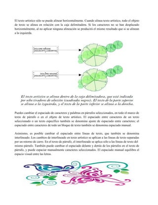 El texto artístico sólo se puede alinear horizontalmente. Cuando alinea texto artístico, todo el objeto
de texto se alinea en relación con la caja delimitadora. Si los caracteres no se han desplazado
horizontalmente, al no aplicar ninguna alineación se producirá el mismo resultado que si se alinean
a la izquierda.




Puedes cambiar el espaciado de caracteres y palabras en párrafos seleccionados, en todo el marco de
texto de párrafo o en el objeto de texto artístico. El espaciado entre caracteres de un texto
seleccionado o un texto específico también se denomina ajuste de espaciado entre caracteres; el
espaciado entre caracteres de todo un bloque de texto también se denomina espaciado manual.

Asimismo, es posible cambiar el espaciado entre líneas de texto, que también se denomina
interlineado. Los cambios de interlineado en texto artístico se aplican a las líneas de texto separadas
por un retorno de carro. En el texto de párrafo, el interlineado se aplica sólo a las líneas de texto del
mismo párrafo. También puede cambiar el espaciado delante y detrás de los párrafos en el texto de
párrafo, y puede espaciar manualmente caracteres seleccionados. El espaciado manual equilibra el
espacio visual entre las letras.
 