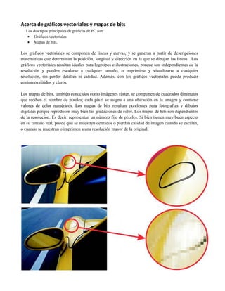 Acerca de gráficos vectoriales y mapas de bits
  Los dos tipos principales de gráficos de PC son:
    Gráficos vectoriales
    Mapas de bits.

Los gráficos vectoriales se componen de líneas y curvas, y se generan a partir de descripciones
matemáticas que determinan la posición, longitud y dirección en la que se dibujan las líneas. Los
gráficos vectoriales resultan ideales para logotipos e ilustraciones, porque son independientes de la
resolución y pueden escalarse a cualquier tamaño, o imprimirse y visualizarse a cualquier
resolución, sin perder detalles ni calidad. Además, con los gráficos vectoriales puede producir
contornos nítidos y claros.

Los mapas de bits, también conocidos como imágenes ráster, se componen de cuadrados diminutos
que reciben el nombre de píxeles; cada píxel se asigna a una ubicación en la imagen y contiene
valores de color numéricos. Los mapas de bits resultan excelentes para fotografías y dibujos
digitales porque reproducen muy bien las gradaciones de color. Los mapas de bits son dependientes
de la resolución. Es decir, representan un número fijo de píxeles. Si bien tienen muy buen aspecto
en su tamaño real, puede que se muestren dentados o pierdan calidad de imagen cuando se escalan,
o cuando se muestran o imprimen a una resolución mayor de la original.
 