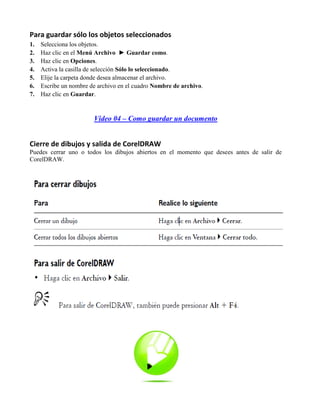 Para guardar sólo los objetos seleccionados
1.   Selecciona los objetos.
2.   Haz clic en el Menú Archivo ► Guardar como.
3.   Haz clic en Opciones.
4.   Activa la casilla de selección Sólo lo seleccionado.
5.   Elije la carpeta donde desea almacenar el archivo.
6.   Escribe un nombre de archivo en el cuadro Nombre de archivo.
7.   Haz clic en Guardar.


                        Video 04 – Como guardar un documento


Cierre de dibujos y salida de CorelDRAW
Puedes cerrar uno o todos los dibujos abiertos en el momento que desees antes de salir de
CorelDRAW.
 