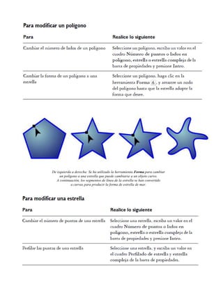 De izquierda a derecha: Se ha utilizado la herramienta Forma para cambiar
     un polígono a una estrella que puede cambiarse a un objeto curvo.
  A continuación, los segmentos de línea de la estrella se han convertido
             a curvas para producir la forma de estrella de mar.
 
